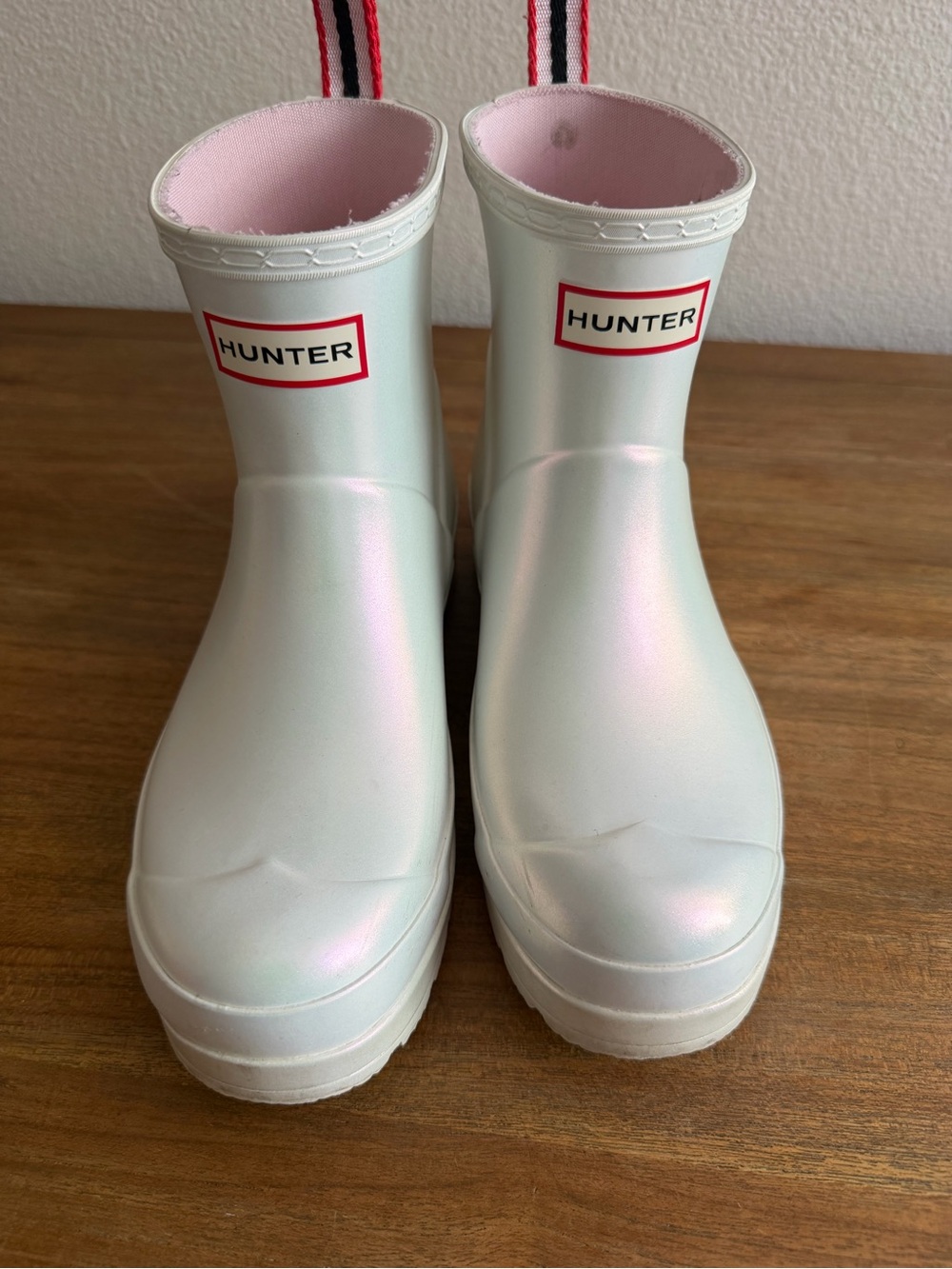 Hunter Iridescent White Kids Rain Boots with Pink Interior
